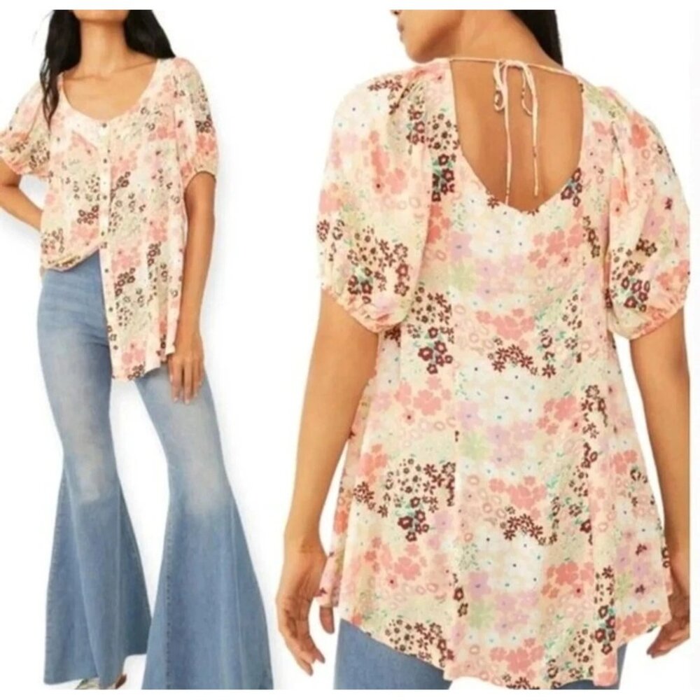 Free People Callie Floral Tunic Shirt Top vintage combo Large Boho, Festival